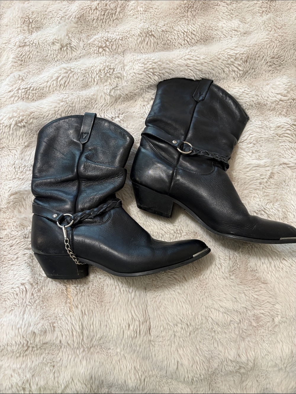 Black Western-Inspired Leather Ankle Boots with Braided Chain Detail